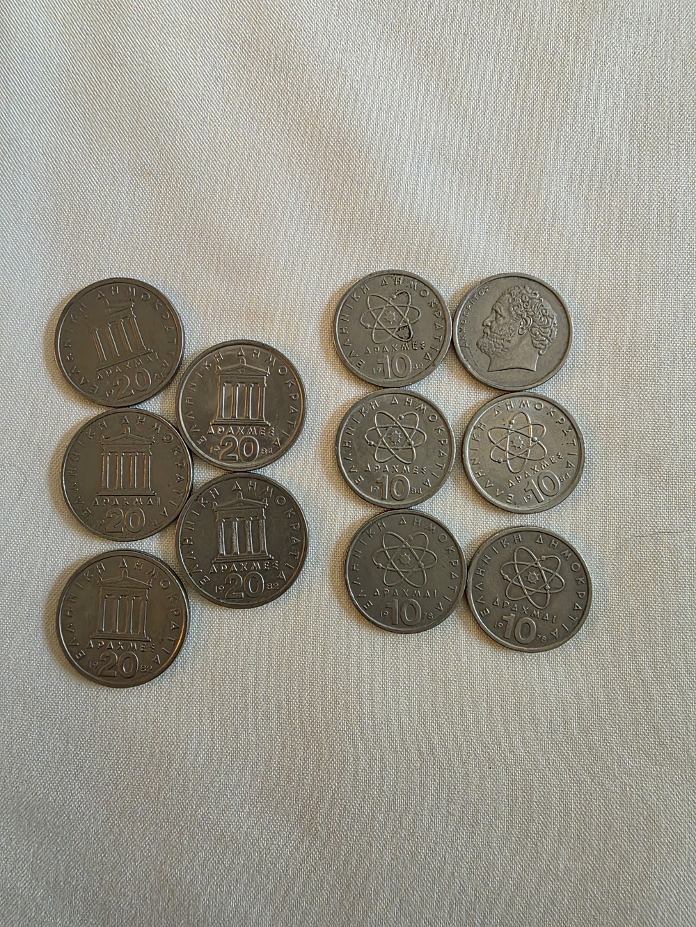 Vintage Greek Drachma Coins - Silver Tone 10 & 20 Drachmai